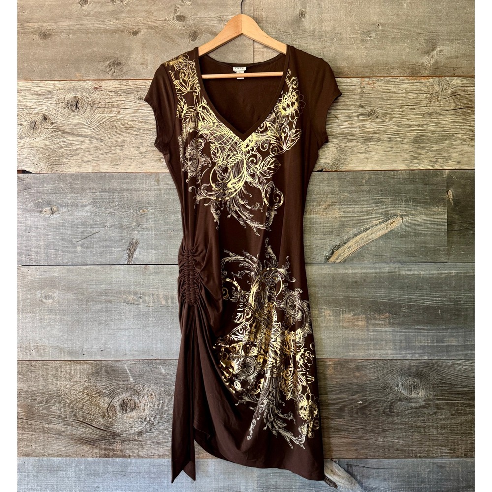 Cache VTG Y2K Metallic Ruched Asymmetrical Dress L Brown Gold Stretch Club Glam